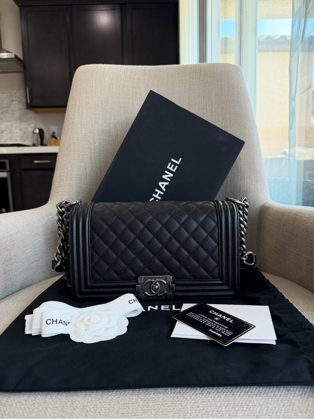 CHANEL Black Quilted Boy Shoulder Bag with Gunmetal Hardware